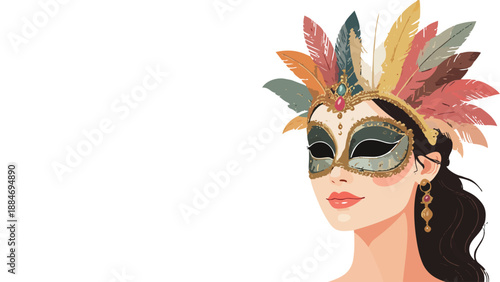 Woman in Ornate Venetian Masquerade Mask with Feathers on White Background