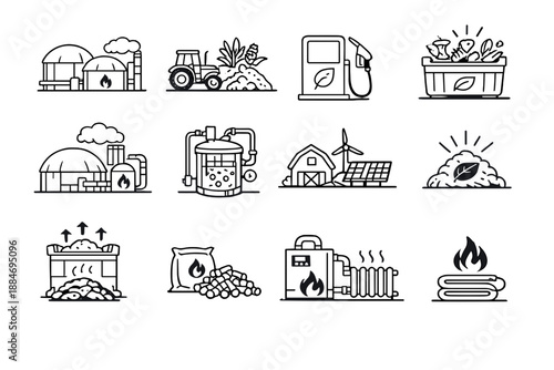Bioenergy and Sustainable Fuel Production Icons Set