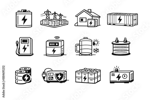 Energy Storage and Battery Power Infrastructure Icons Set