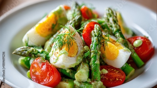 Fresh salad with asparagus eggs and tomatoes on a white plate
