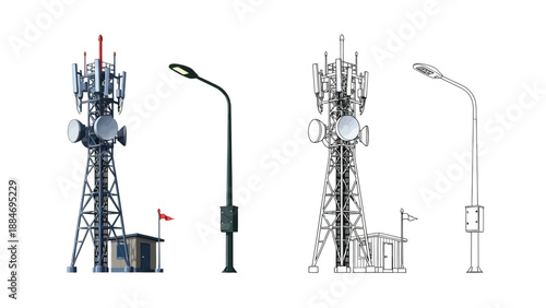 Cell towers and street lights a colorful and grayscale illustration