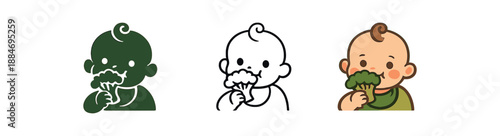 eco baby led weaning baby holding broccoli floret leafy stalk earthy color palette