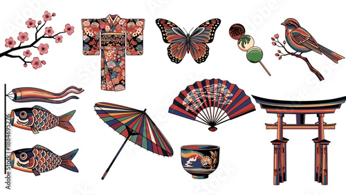 Collection of traditional japanese cultural symbols and accessories