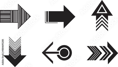 Collection of six black and white arrow icons in various styles and directions