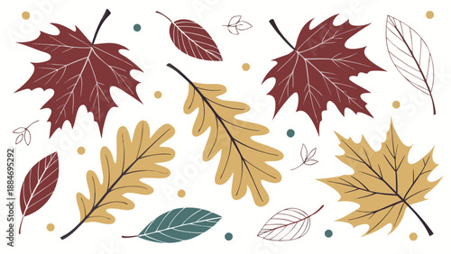 Autumnal Leaf Array: A vibrant assortment of autumn leaves, showcasing a palette of rich reds, golds, and subtle greens.