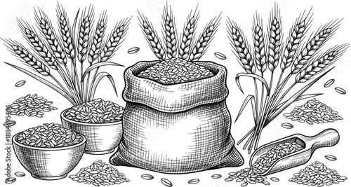 Hand drawn engraving style illustration of wheat ears, grain sack, bowls and wooden scoop for agriculture, bakery and harvest design.
