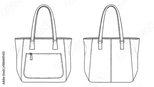 Technical illustration of a classic tote bag design shown from two perspectives