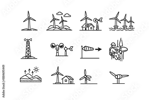 Wind Energy Icons Set for Renewable Power, Infrastructure and Sustainability