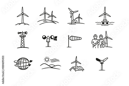 Wind Energy Icons Set for Renewable Power and Sustainability
