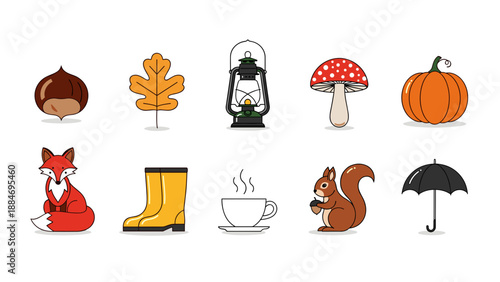 Collection of autumn, halloween, and cozy seasonal icons and symbols