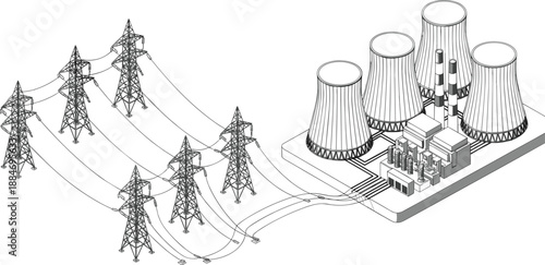 Isometric line art vector illustration of a nuclear power plant station with cooling towers connected to high voltage electricity pylons.