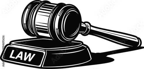 Judge gavel law illustration, black and white justice symbol, court hammer icon, legal authority concept, isolated vector graphic, design, element