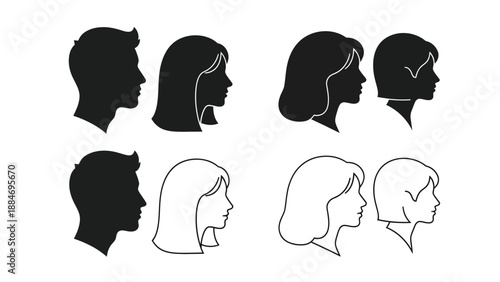 A collection of diverse head silhouettes showcasing varied hairstyles and profiles