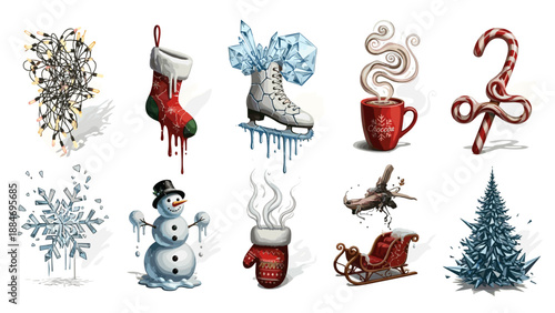 Collection of winter holiday icons including snowman ice skate and christmas tree