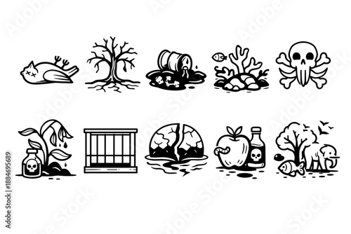 Environmental pollution and ecological damage line icon set