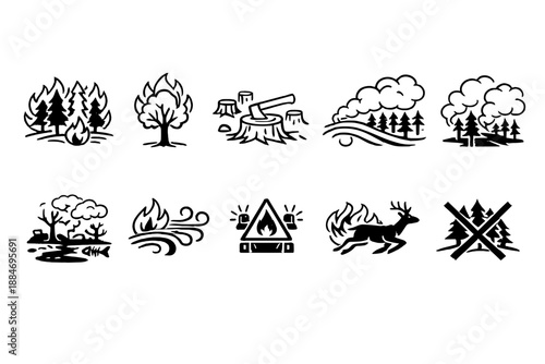 Natural disasters and environmental hazards line icon set