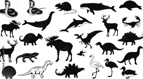 Large collection of diverse animal silhouettes featuring dinosaurs, mammals, birds, marine life, and reptiles, isolated on white for graphic design projects.