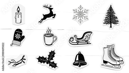 Set of winter holiday icons including reindeer snowflake and sled