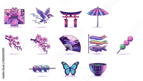 Collection of japanese cultural symbols and traditional items