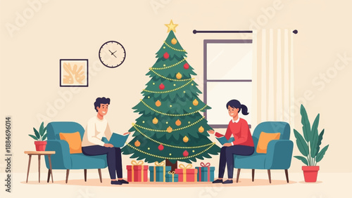 Couple reading books beside a decorated Christmas tree with gifts underneath