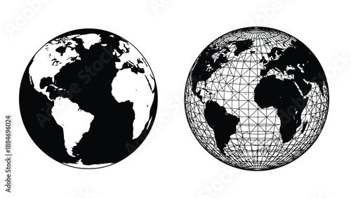 Two depictions of the earth a shaded globe and a wireframe representation