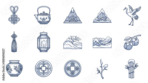 Set of vintage camping and outdoor adventure icons in monochrome