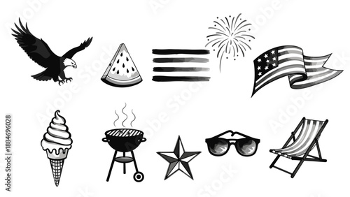 Collection of summer and holiday icons including eagle watermelon and sunglasses
