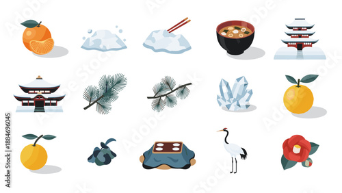 Collection of traditional japanese food and cultural items