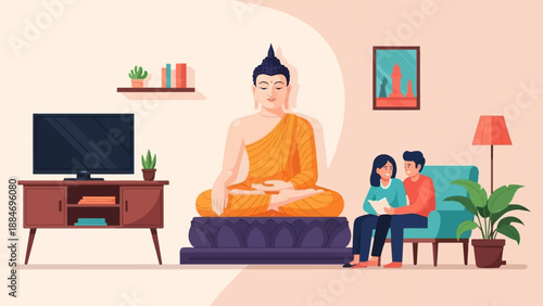 Couple reading by Buddha statue and TV in living room