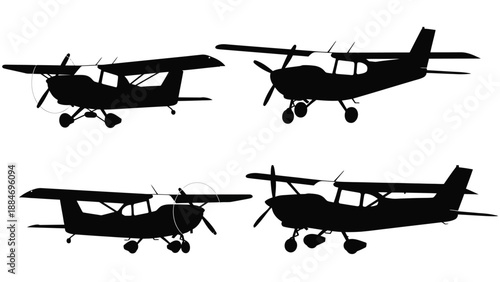 Silhouettes of vintage biplanes and light aircraft against a white background