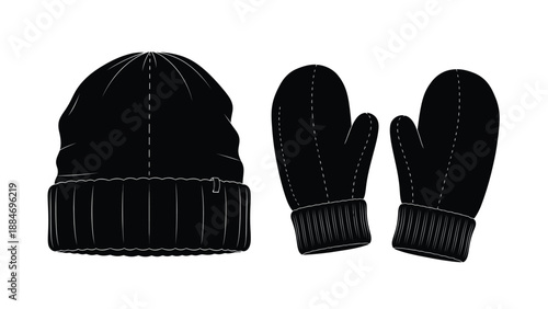 Black winter beanie and mittens illustration cozy cold weather accessories