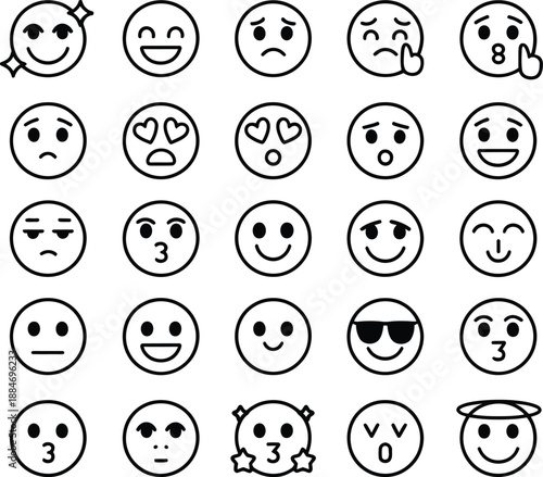 Top Row Emoji Faces Showing Smiling, Winking, Sad, Kissing, Laughing, Frowning, Confused