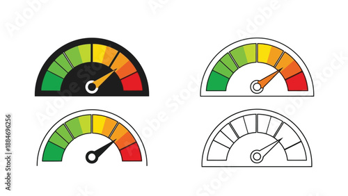 Illustrative gauge icons displaying performance levels with varying color schemes