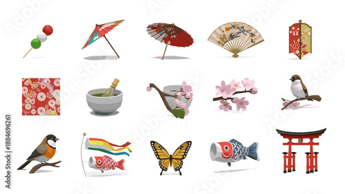 Collection of traditional japanese objects and symbols for culture