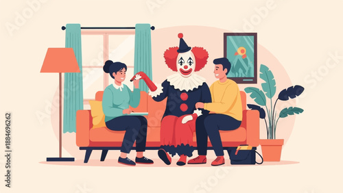 Couple receiving therapy from a clown in a living room setting