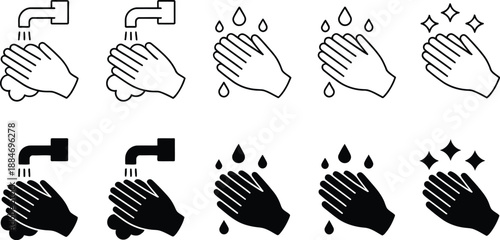 Five Minimal Hand Hygiene Icons Featuring Water Flow, Soap Bubbles, and Clapping Gestures