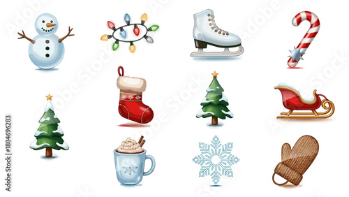 Collection of festive winter holiday icons including snowman and sleigh
