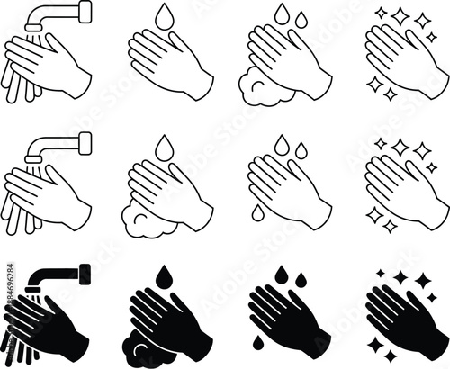 Handwashing Icon Set in Thin Black Lines Showing Faucet, Water, Soap, and Clapping Hands
