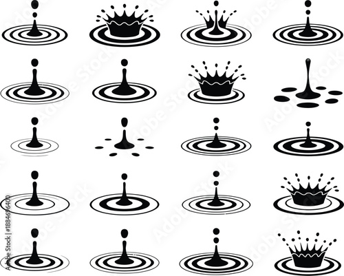 Top Row Water Droplet Illustrations Showing Splashes, Ripples, and Small Droplet Splatters
