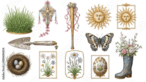 Collection of decorative objects and symbols with floral and natural elements