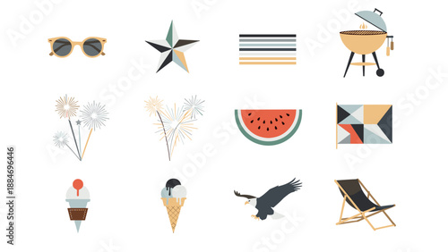 Collection of summer vacation icons with sunglasses starfish and watermelon