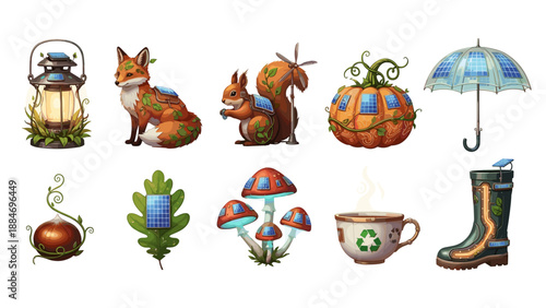 Collection of colorful autumn themed objects and seasonal decorations