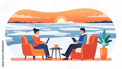 Couple relaxes in cozy chairs enjoying sunset over icy landscape