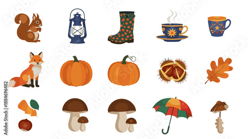 Collection of autumnal and seasonal objects including pumpkins and umbrellas
