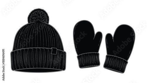 A black knit winter beanie and a pair of matching mittens illustration