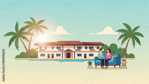 Couple relaxes on couch near house with palm trees and pool