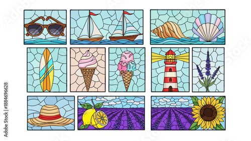 Collection of colorful stained glass windows with beach and summer themes