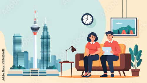 Couple relaxes on couch with tablet, city skyline backdrop