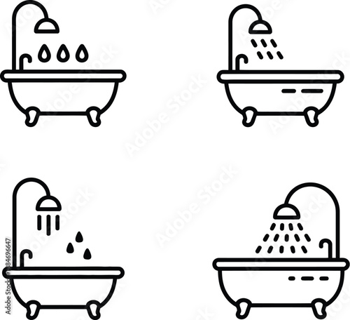 Bathtub Icon Set with Droplet Water Marks and Shower Illustration Bathroom Concept