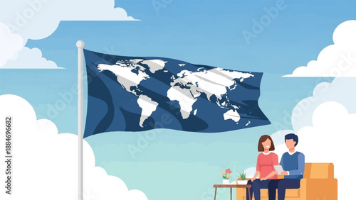 Couple relaxes on sofa, world map flag waves above blue sky